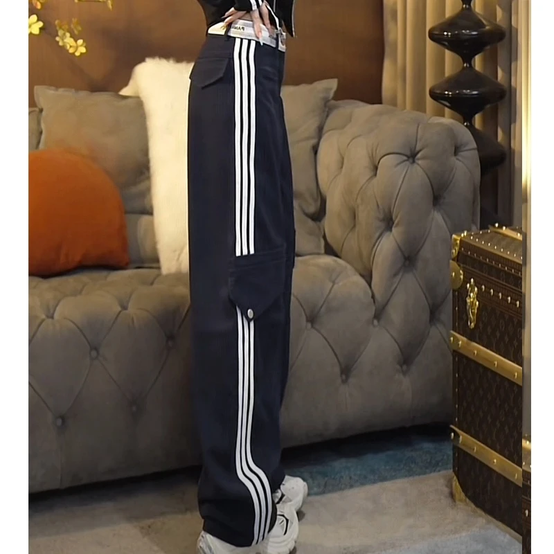 2025年春秋季新款拼接条纹显瘦时尚休闲直筒牛仔裤女装长裤设计感