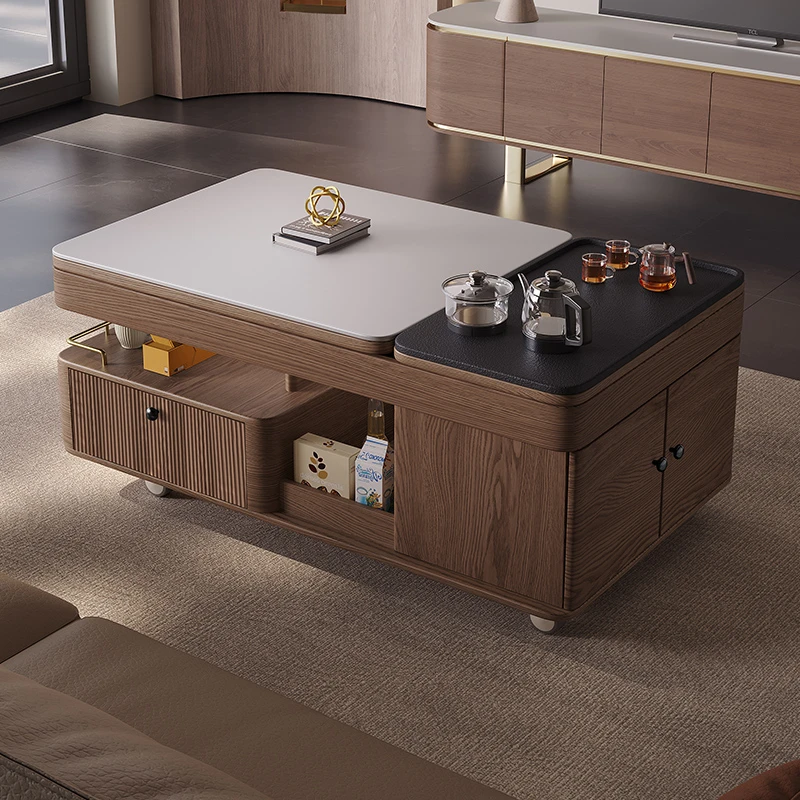 甄荣实木岩板茶几客厅家用新中式泡茶一体中古风可移动功夫茶几桌