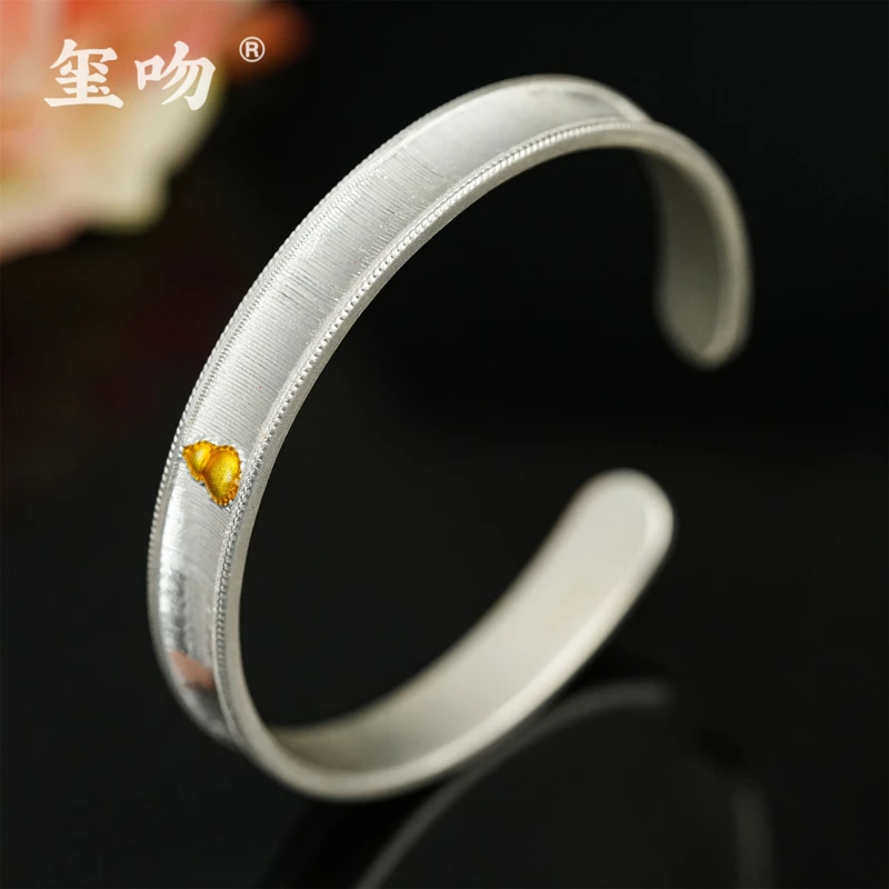 足银手镯 【玺吻】足银999.9 葫芦福禄 实心足银开口手镯（镯宽9mm