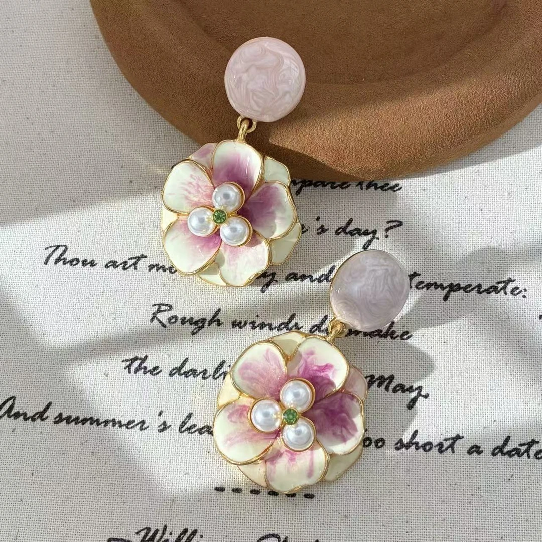 合金珐琅耳饰 远远（YY157）气质手工轻奢花朵时尚百搭