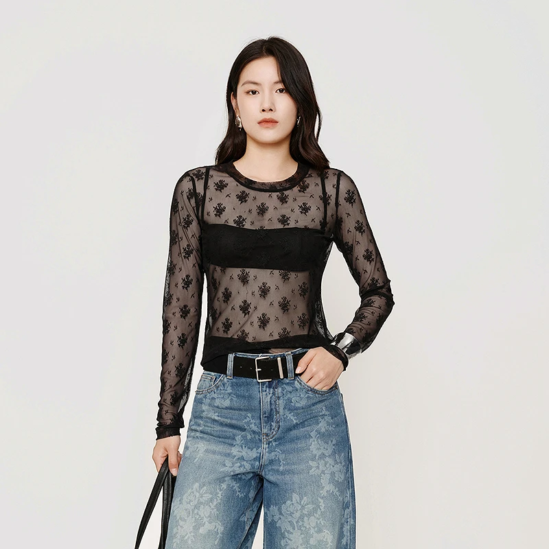 HPLY荷比俪2025秋新款女黑色蕾丝打底衫网纱圆领长袖HMF34610187