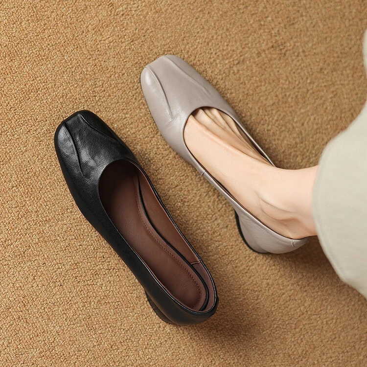 头层羊皮~春夏新款软底复古方头浅口真皮单鞋低跟气质百搭奶奶鞋