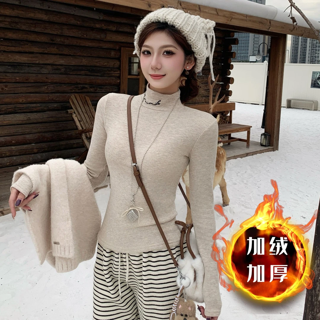 韩系半高领【加绒加厚】内搭打底衫女秋冬字母刺绣修身长袖t恤上衣