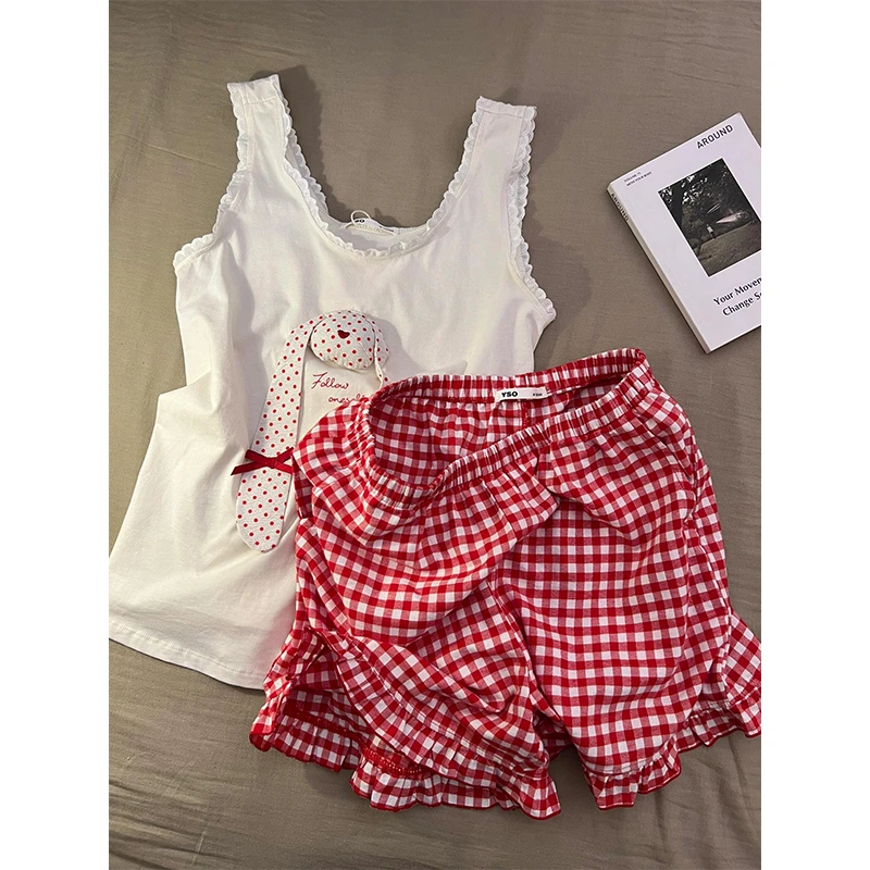 【波点兔子】韩系可爱甜美睡衣女夏季新款背心短裤家居服套装可外穿