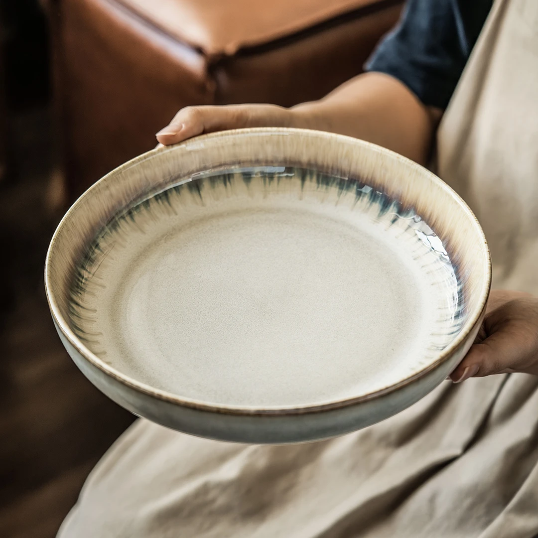 特色窑变陶瓷盘家用复古深盘菜盘早餐盘沙拉盘西餐意面盘水果盘
