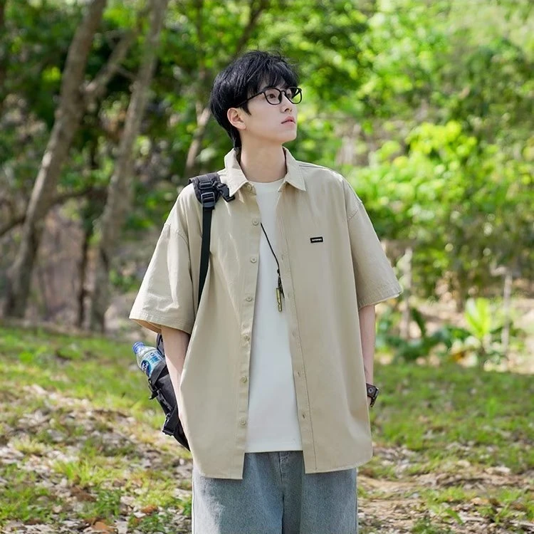 秋季港风日系衬衫男短袖潮流宽松简约百搭卡其色衬衣小众薄款外套