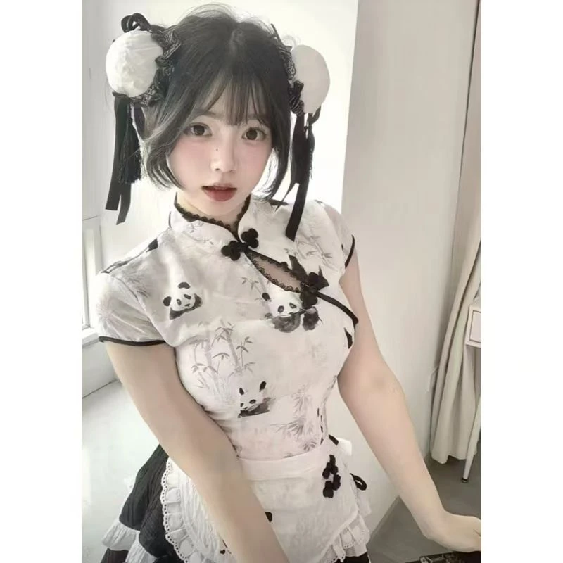 可爱少女新中式国风熊猫印花上衣高腰显瘦蓬蓬蛋糕裙女仆围裙套装