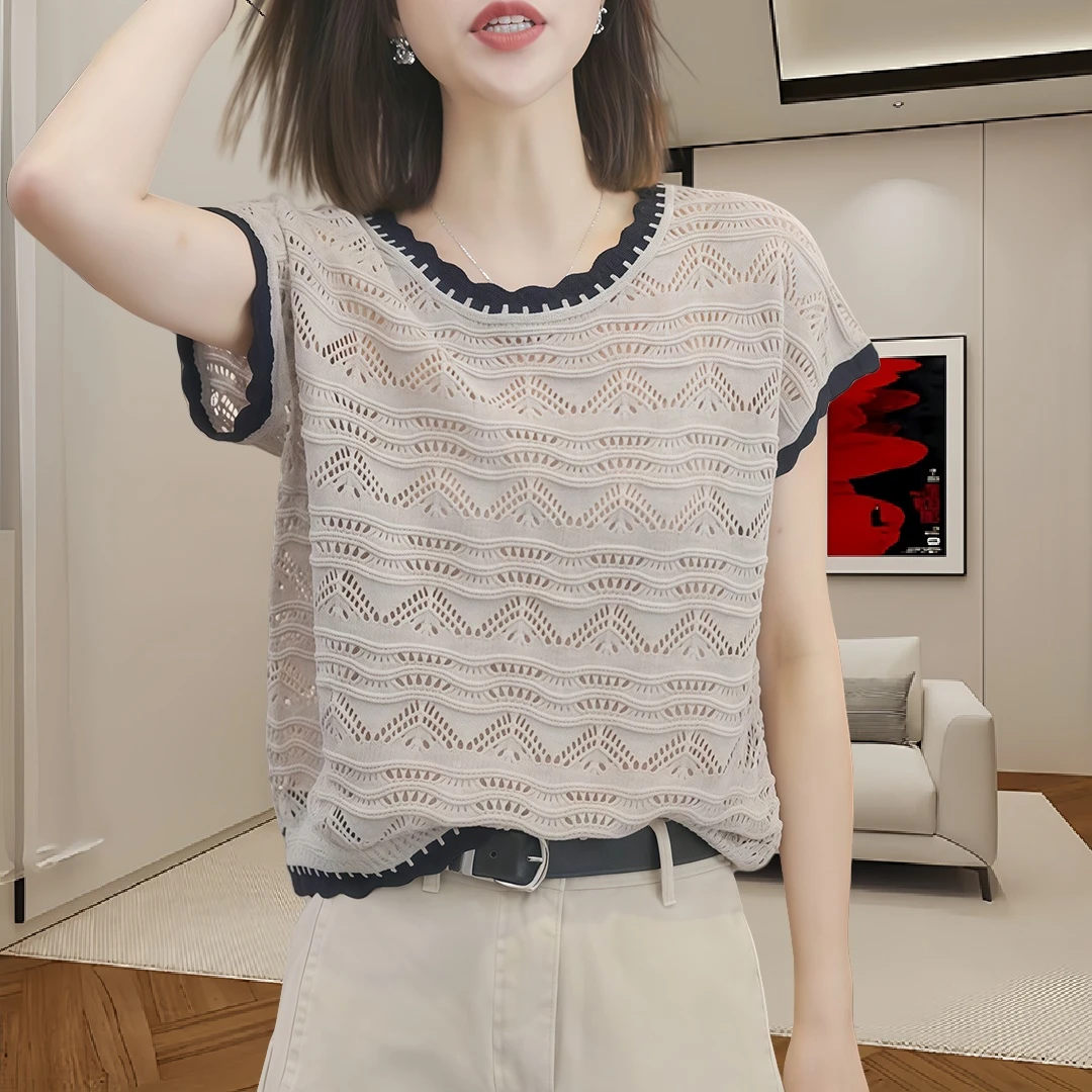 夏季透气镂空针织衫女短袖圆领拼接蕾丝花边时尚洋气小衫宽松上衣