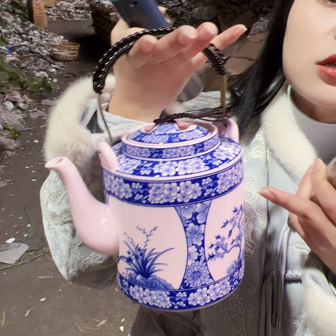 摆件陶景德镇红xixi四季花卉提梁壶