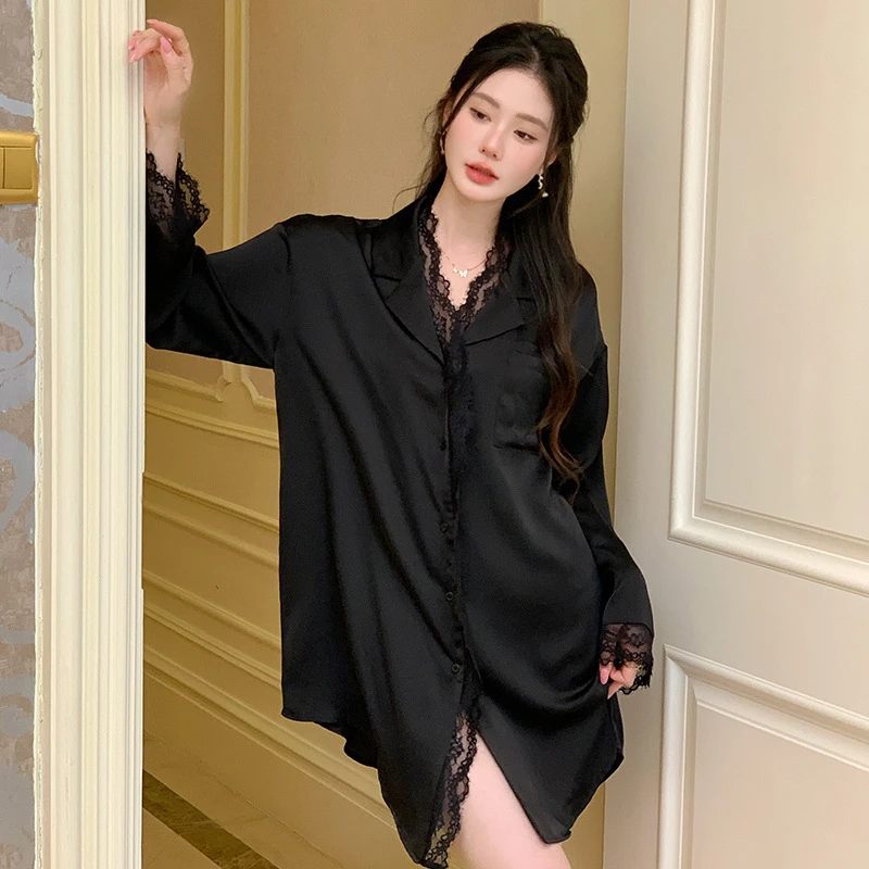 【依可睡裙】时尚宽松睡裙拼接睡袍法式性感居家睡裙