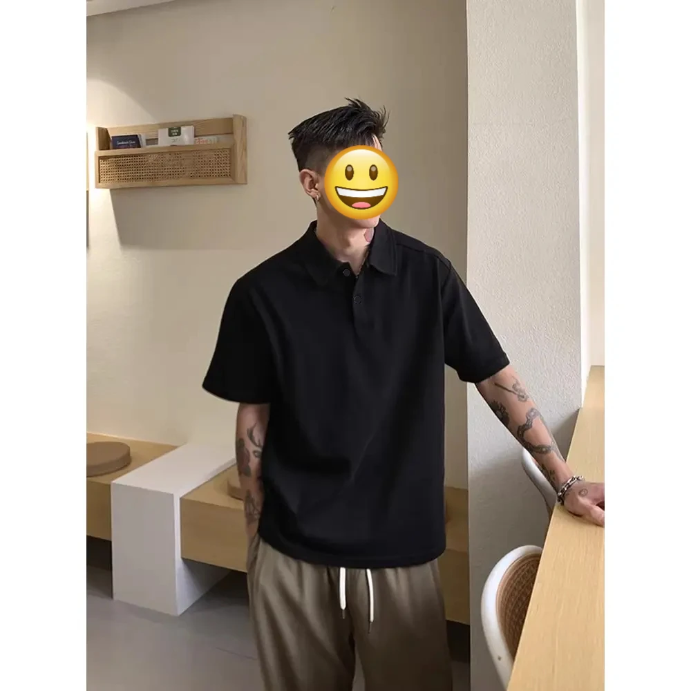 黑色重磅polo衫短袖T恤男款男士夏季痞帅高级感小领口五分袖翻领