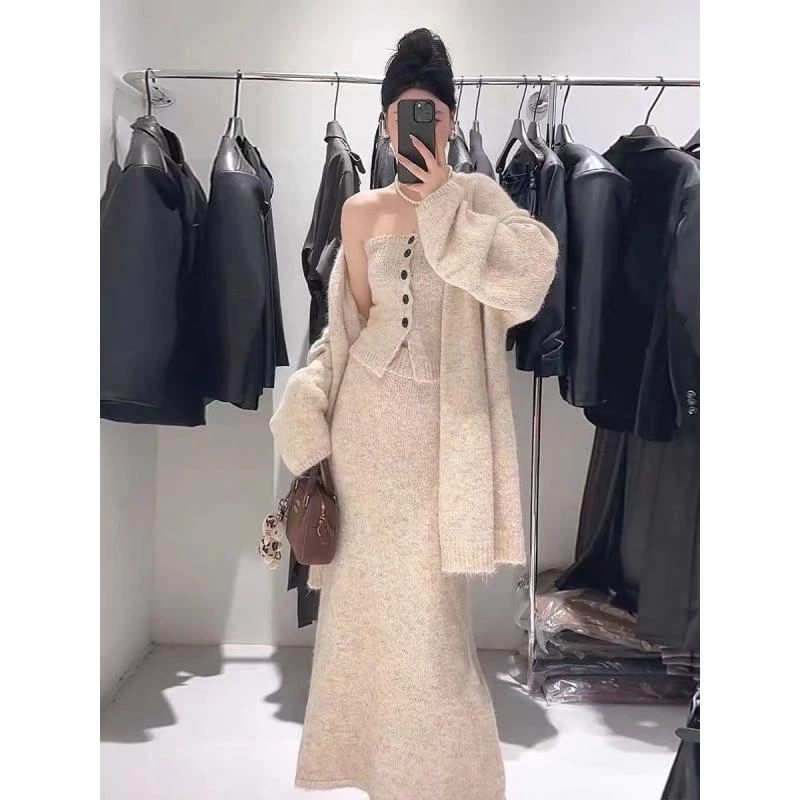 复古名媛风毛衣三件套女秋季新款韩版抹胸背心针织开衫半身裙套装