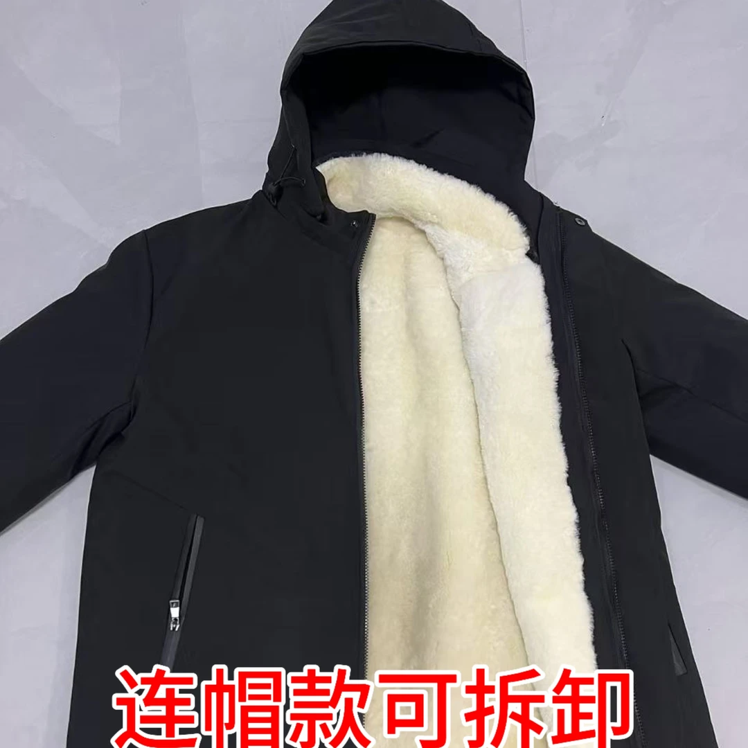 羔羊皮毛一体宽松型连帽明线厚款常规款皮衣防风中长款冬款保暖