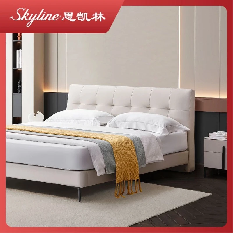 思凯林【布洛克】意式牛皮大床轻奢百搭米白