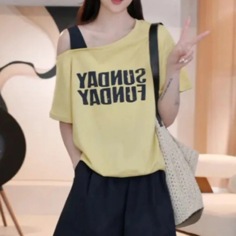 韩版黄色宽松外穿T恤女2025年夏季新款慵懒风遮肉显瘦一字肩上衣