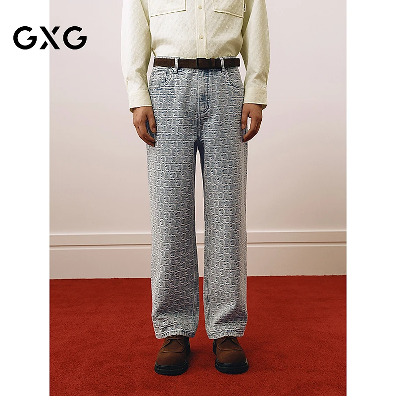 GXG男装 浅蓝牛仔裤提花满印长裤休闲男裤 25春新品#G25D051001