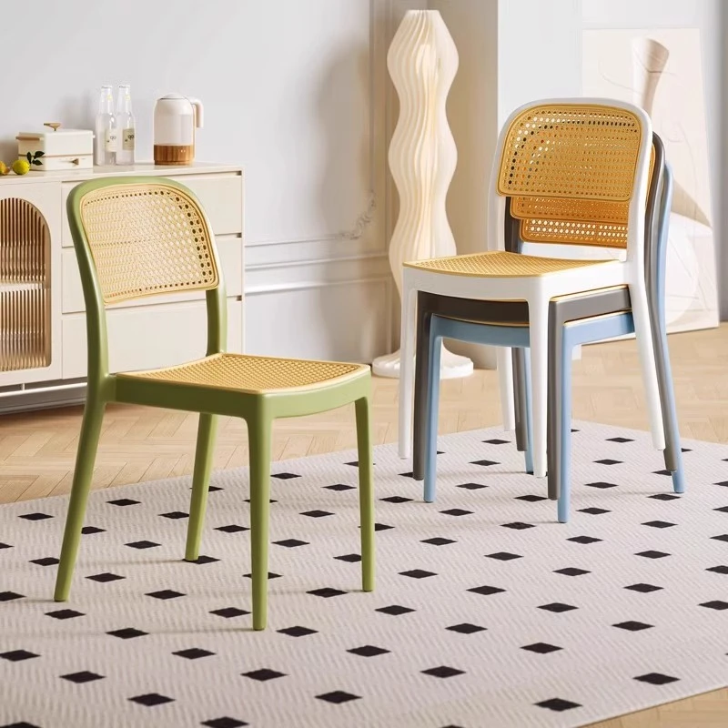 北欧塑料藤编椅子叠放靠背椅商用餐厅户外家用网红餐椅休闲桌椅子