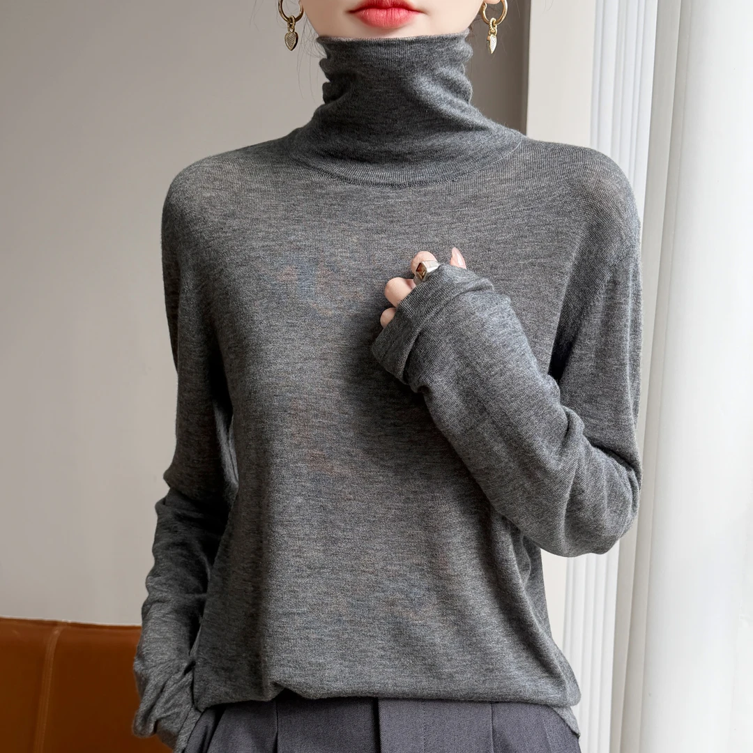 25秋冬水溶精纺羊毛衫女堆堆领针织长袖毛衣宽松百搭纯色高领打底