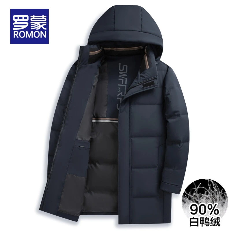罗蒙男士冬季御寒保暖长款连帽羽绒服男休闲防风冬款鸭绒外套男款