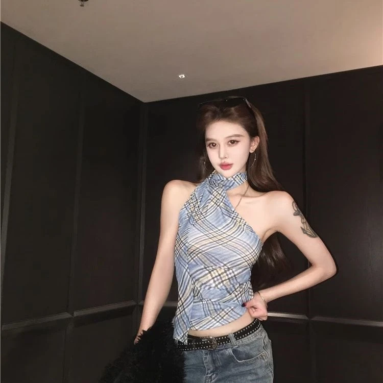 辣妹性感挂脖无袖上衣女夏季不规则格子吊带背心打底衫时尚百搭