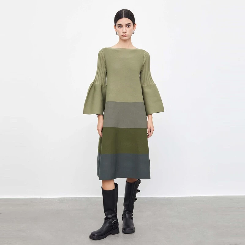 【丽姐专属】圣迪奥拼接撞色设计师款气质中长款连衣裙S233Z3501