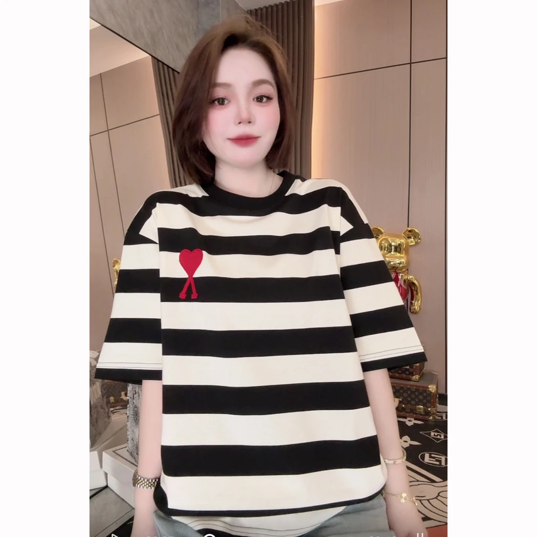 66【爱心条纹】2025夏季百搭轻奢潮流重工艺刺绣圆领T恤