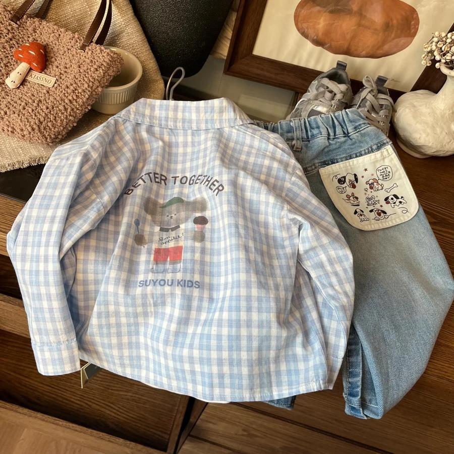 可爱好气质~韩国男女童浅色格子长袖衬衫2025儿童卡通百搭上衣T恤