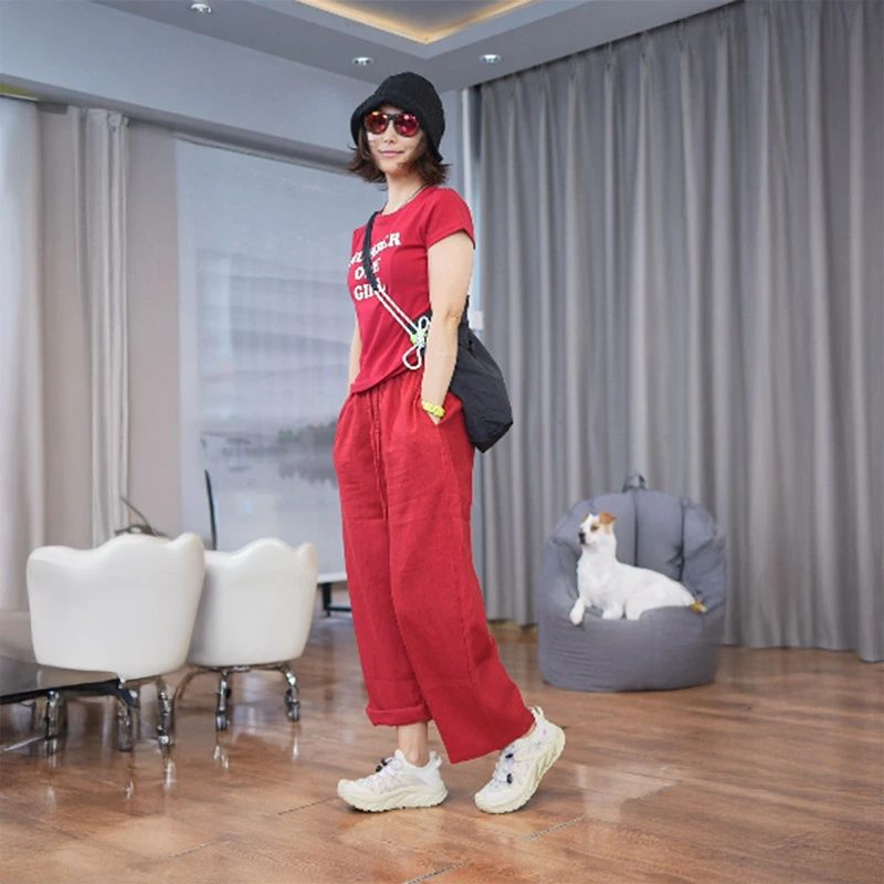 夏季宽松亚麻休闲裤女士九分裤文艺纯色松紧腰小个子苎麻哈伦裤