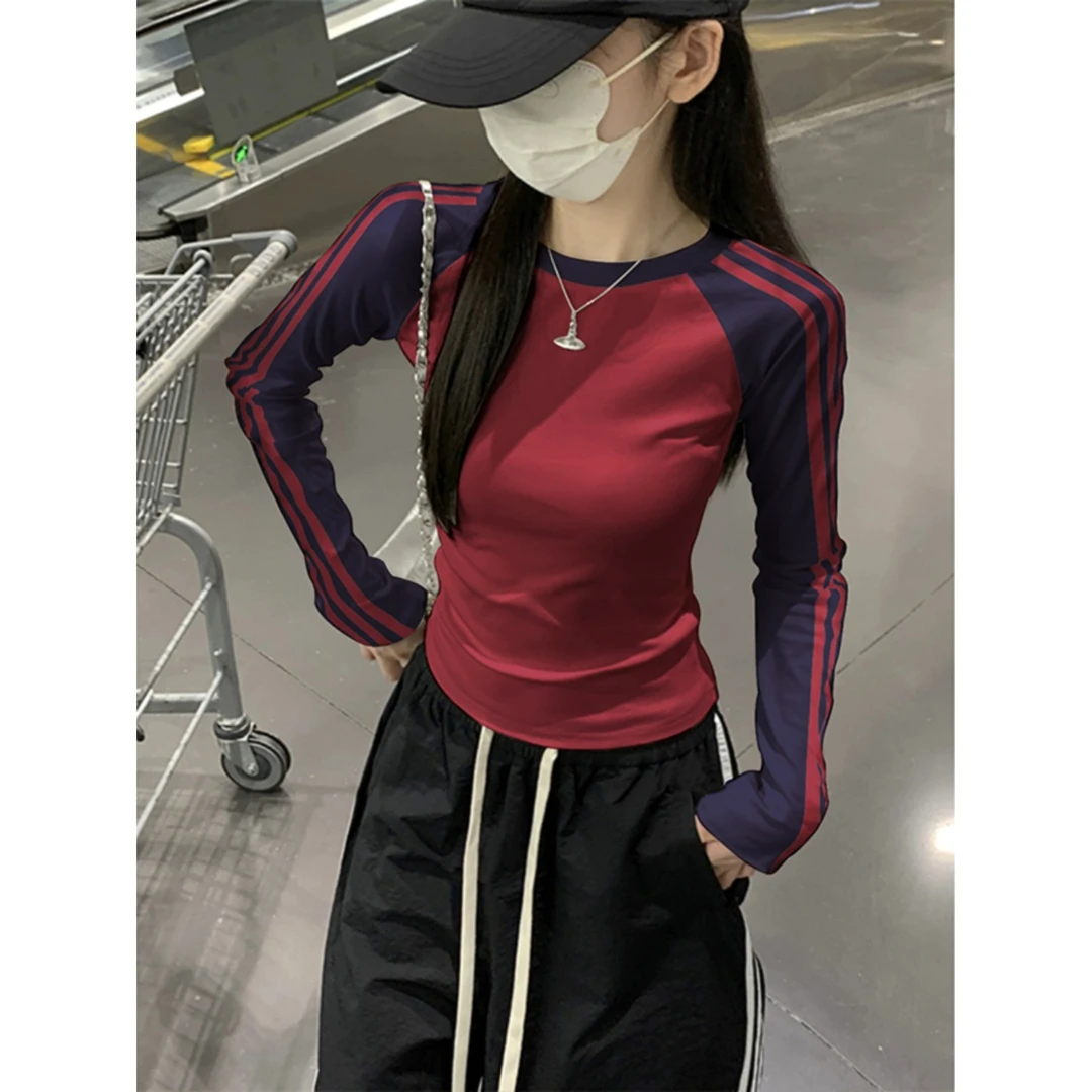 酒红色插肩长袖t恤秋季新款打底衫女款爆款2025新款秋冬内搭