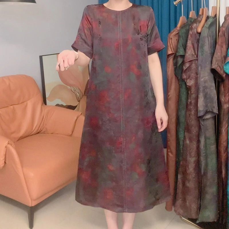 孤品【100%桑蚕丝】夏季短袖圆领连衣裙中长款