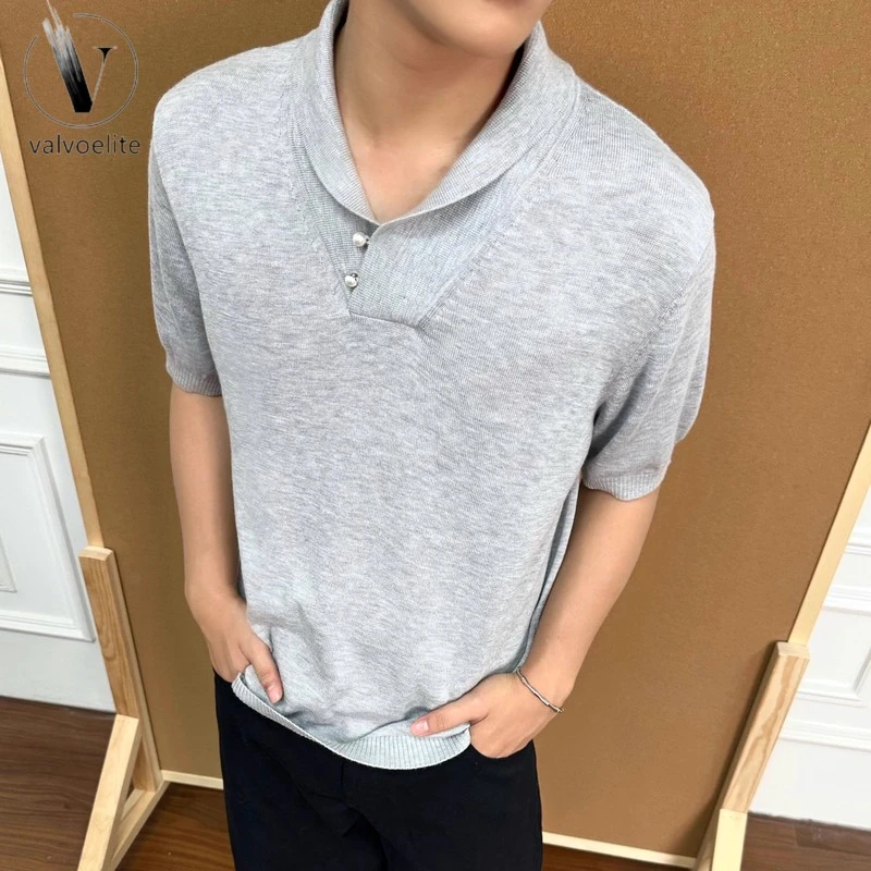 VALVOELITE青果领cleanfit纯色针织毛衣短袖短宽boxy版型老钱上衣