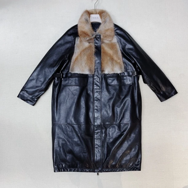 【四姐家】前胸拼接长款皮衣 82639