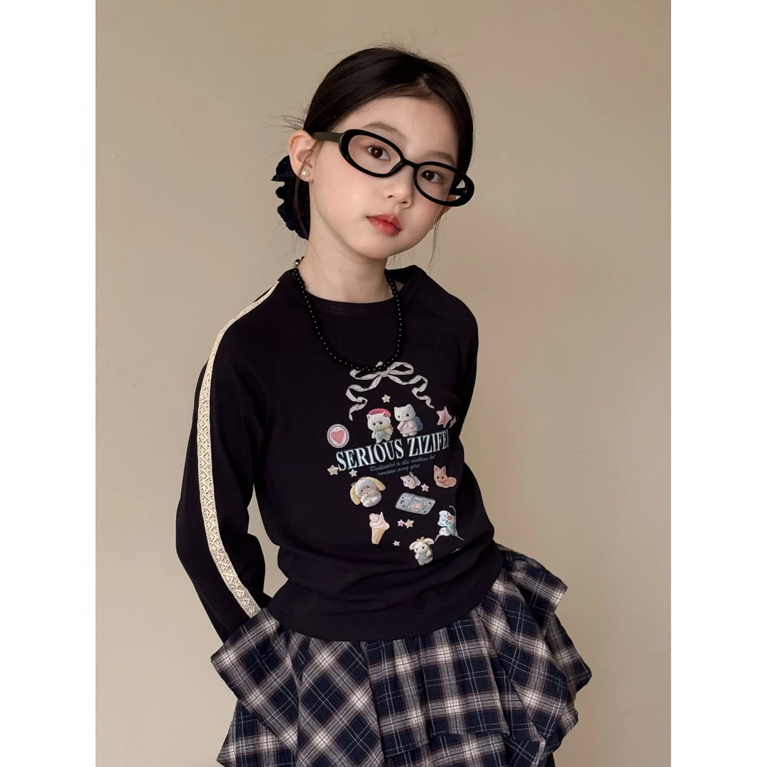 LJ-71658-TBB女童上衣2025春季新品儿童休闲花边长T韩系长袖上衣