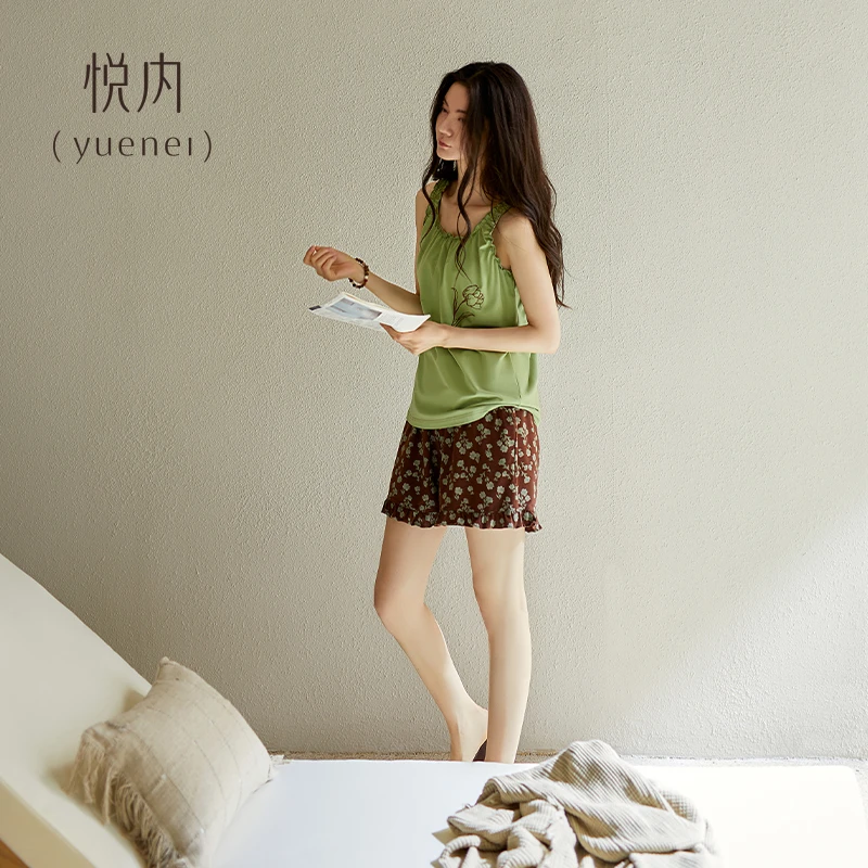 悦内带胸垫一体睡衣女款夏季夏天纯棉无袖背心短裤家居服休闲套装