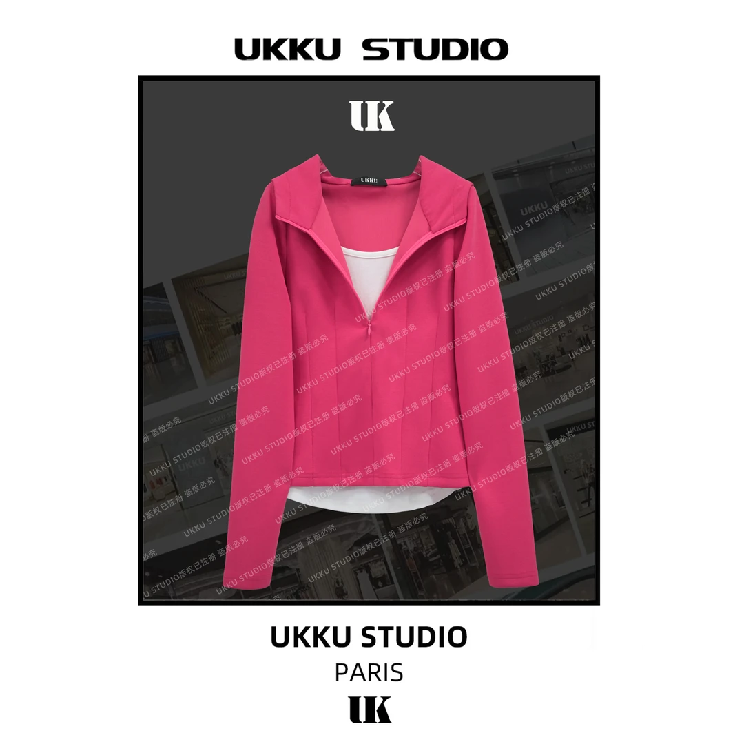 ZX【UKKUSTUDIO】网红修身显瘦拼接假两件显白重磅卫衣512802