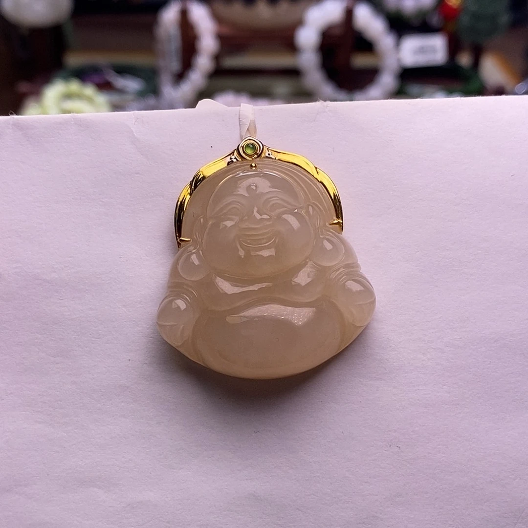 颈饰未镶嵌和田玉红藕粉金镶佛公吊坠