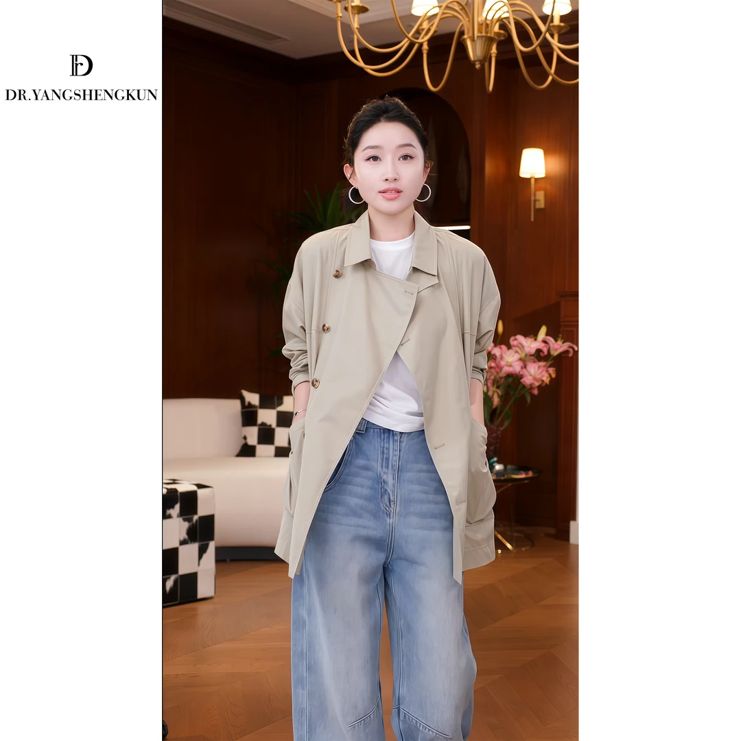 DR杨圣坤+2025新款春季美式花朵刺绣翻领风衣外套女GF2502-1201