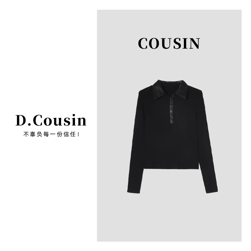 D.cousin  【瘦出彩】简约舒适拼皮领Polo上衣  27076