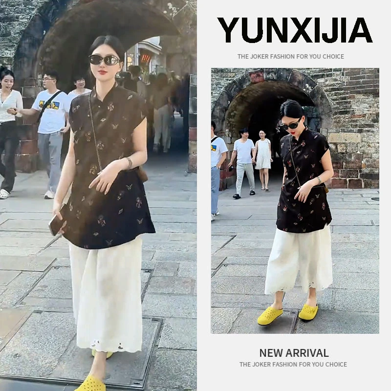 【现货】2025夏季新款时尚设计感新中式百搭显瘦短袖上衣裤子两件套