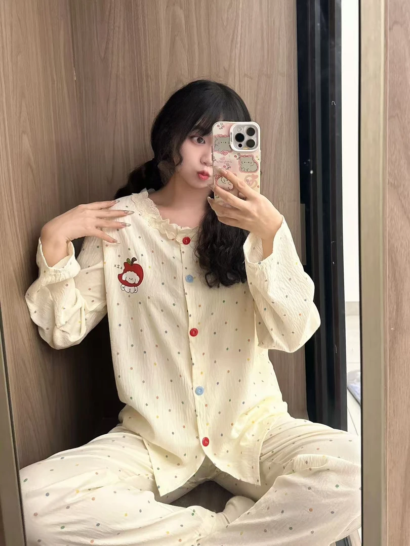 【彩点苹果】睡衣女秋季新款可爱彩色波点舒适宽松长袖家居服套装