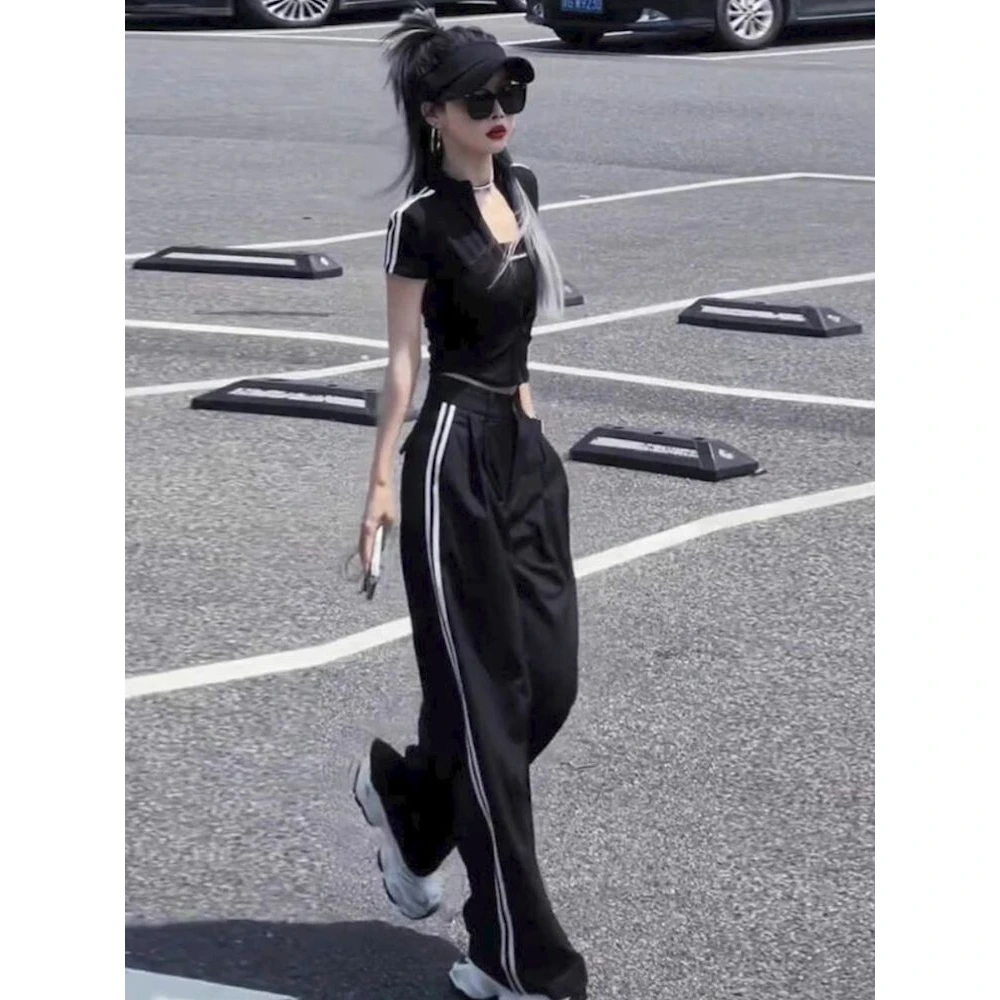 设计感时尚运动套装大码女装新款收腰套头减龄纯欲风短袖两件套女