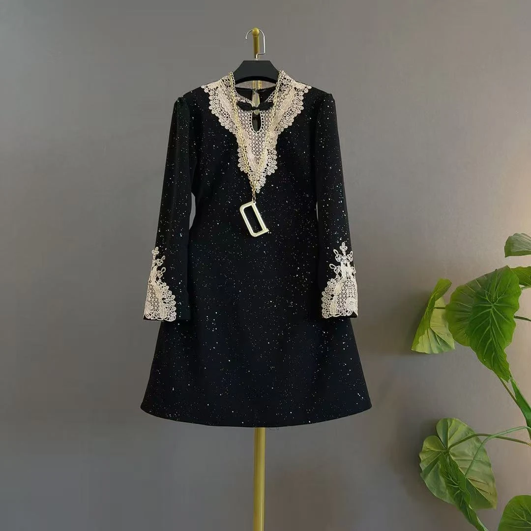 显瘦高腰高弹力法式气质长裙旗袍长袖拼接蕾丝宫廷风大码连衣裙