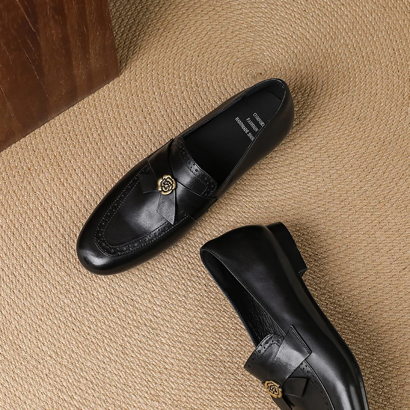 WGW645/2cm/牛皮软底乐福鞋百搭春季圆头高跟浅口女鞋时尚单鞋