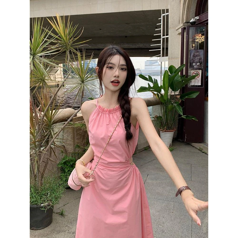 纯欲风赫本收腰显瘦初恋长裙超仙海边旅游度假必备腰部镂空连衣裙