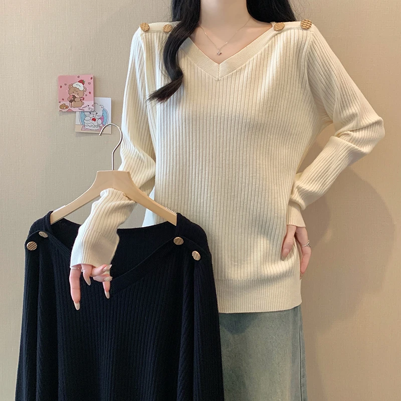 大码女装2025春装时尚设计感V领宽松显瘦胖妹妹针织衫上衣女3749