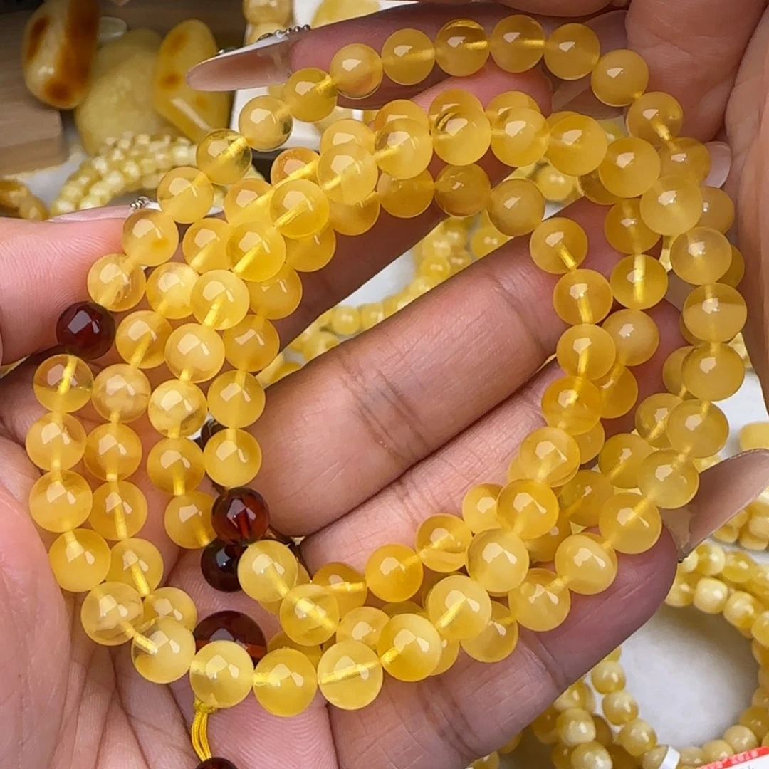 蜜蜡未镶嵌手链鸡油黄佛珠