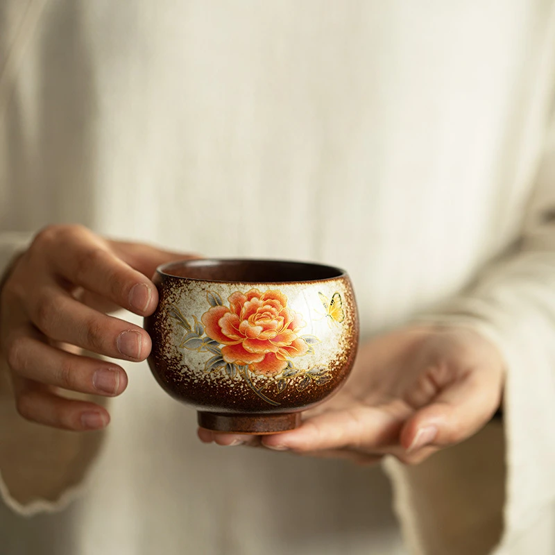 仿柴烧牡丹窑变茶杯主人杯陶瓷茶具品茗杯禅定杯复古家用功夫茶具