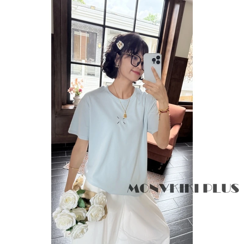 MoNvKiKiPlus9【奶皮面膜T系列】大码微胖宽松极简短袖T恤#C00019