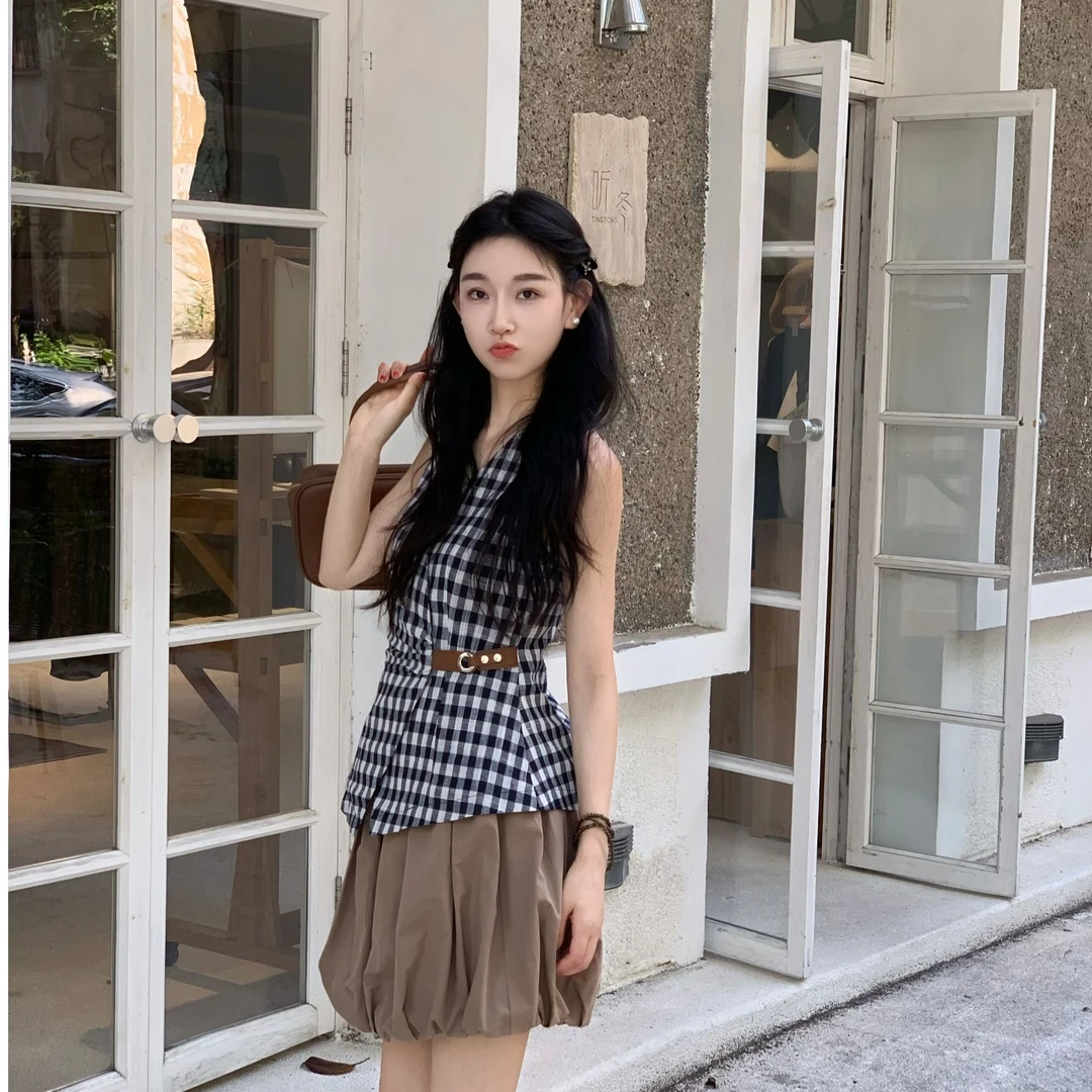 OUDOCKEE 鸥鸥【棉】蓝格马甲 藏青格上衣无袖背心 S2502M410T