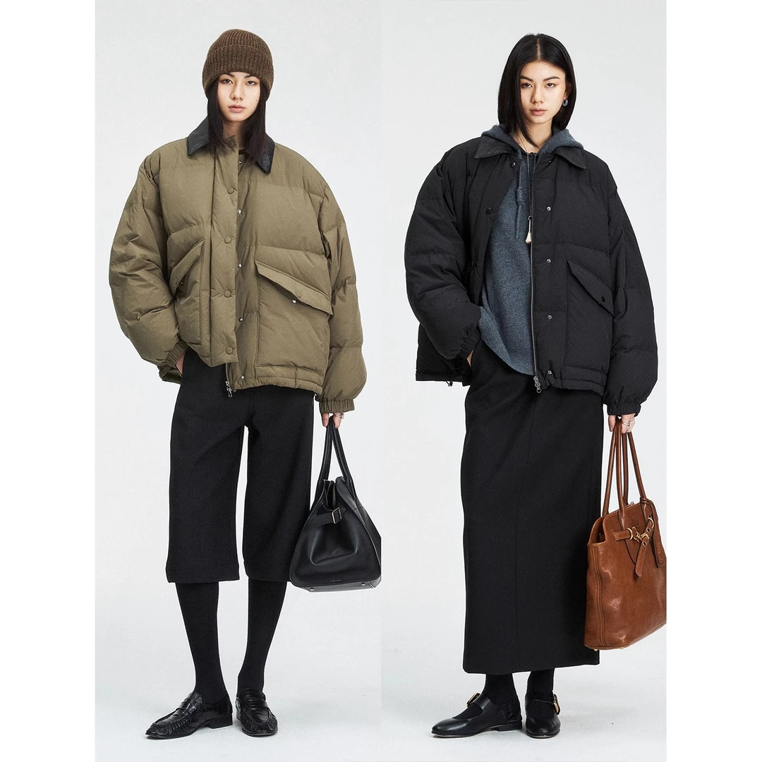 MRS Studios复古时髦90白鹅绒MIU风 短款绵羊皮领面包羽绒服